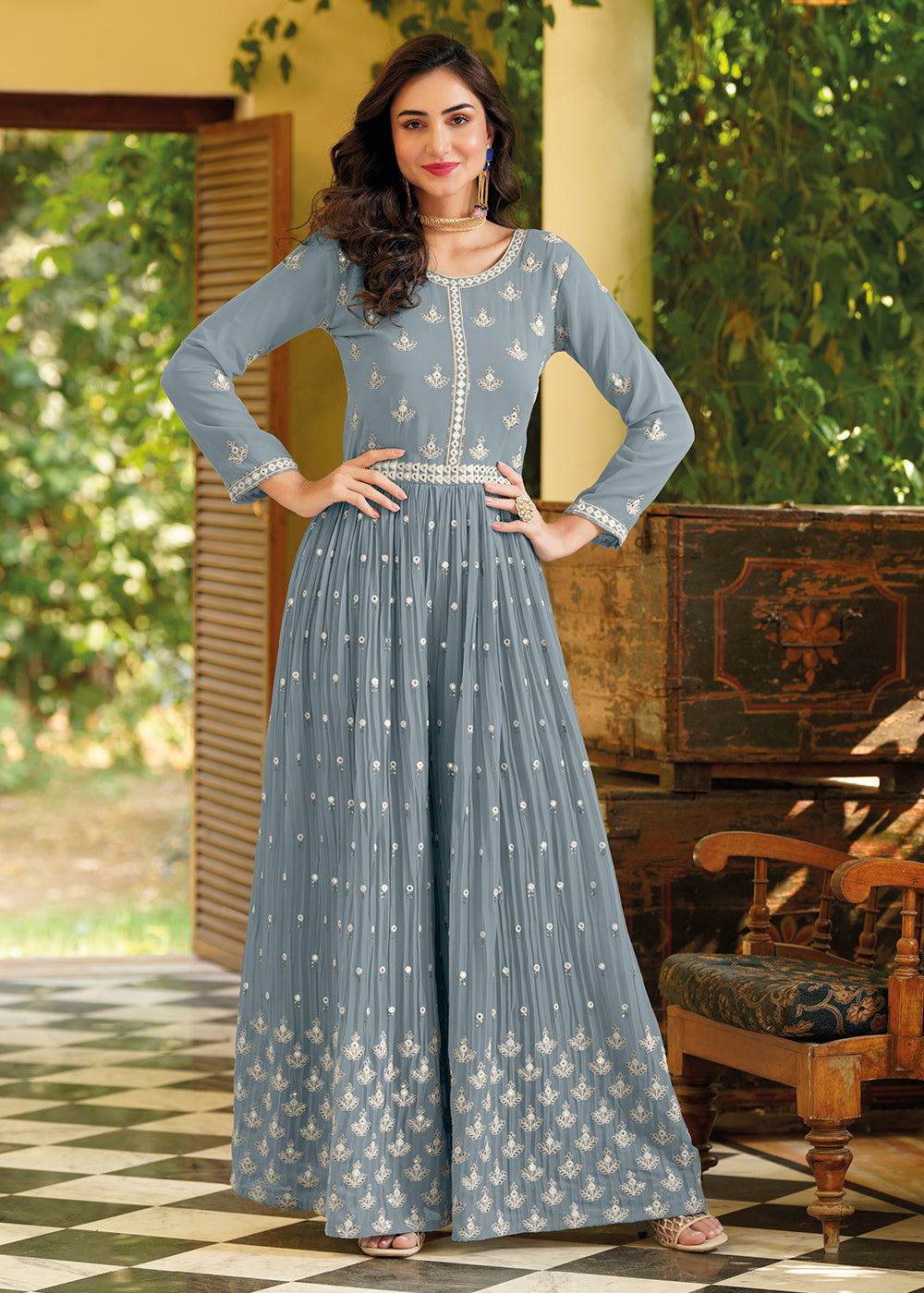 Buy Now Soft Blue Indo-Western Embroidered Georgette Jumpsuit Online in USA, UK, Canada, Germany & Worldwide at Empress Clothing.