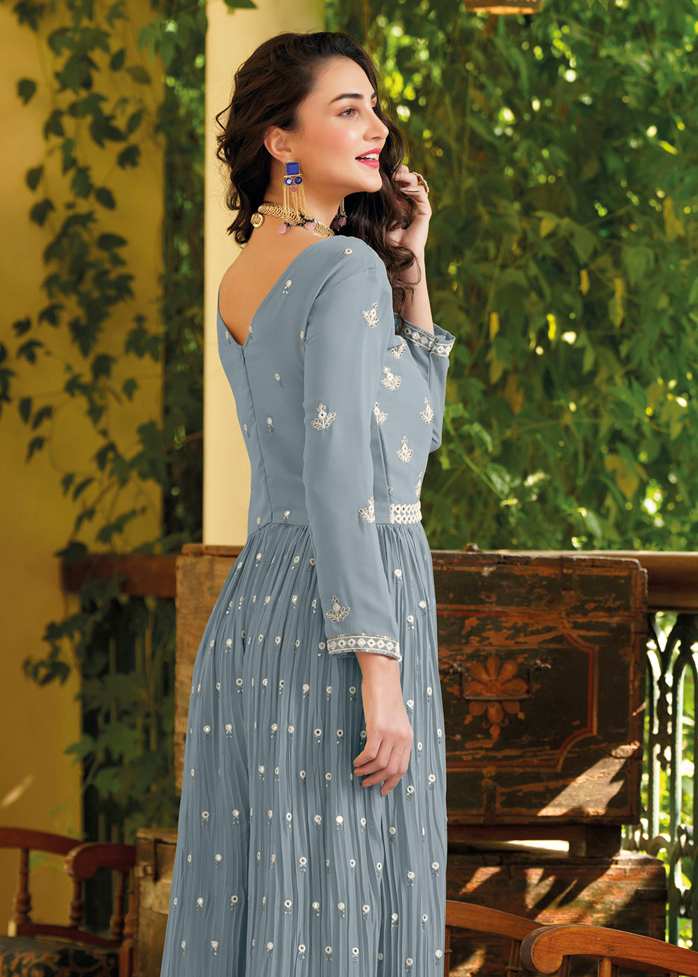 Buy Now Soft Blue Indo-Western Embroidered Georgette Jumpsuit Online in USA, UK, Canada, Germany & Worldwide at Empress Clothing.
