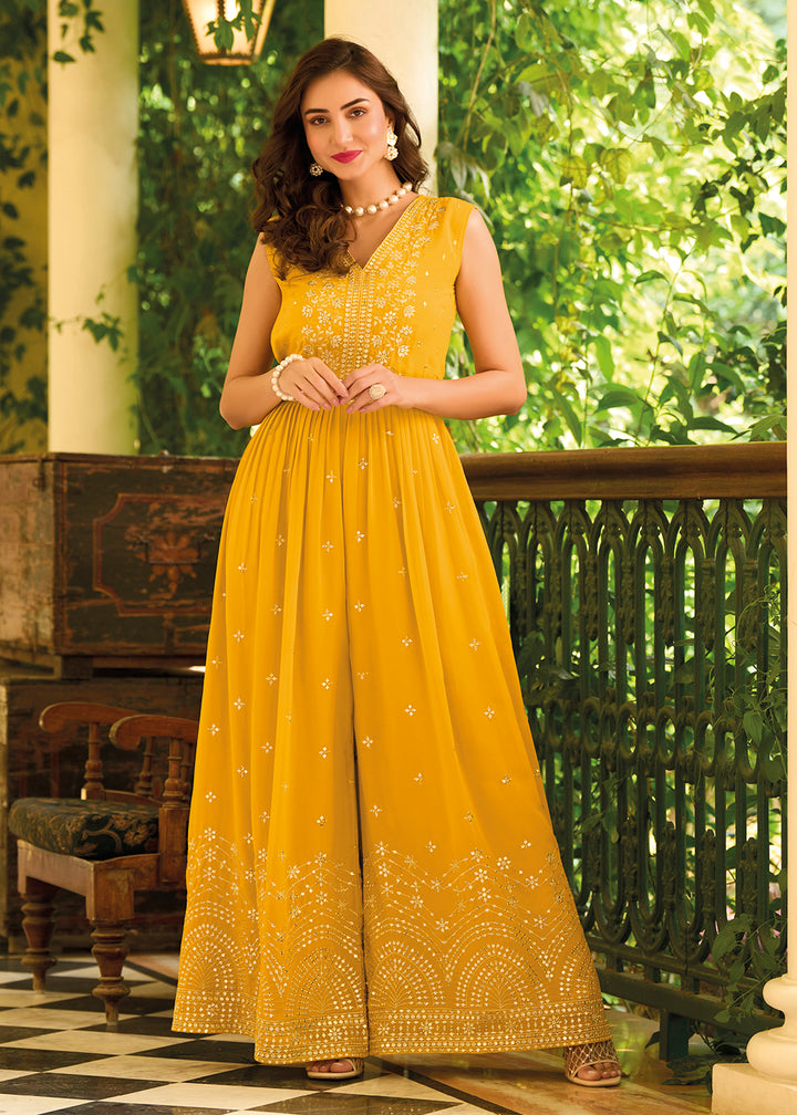 Buy Now Pretty Yellow Indo-Western Embroidered Georgette Jumpsuit Online in USA, UK, Canada, Germany & Worldwide at Empress Clothing.