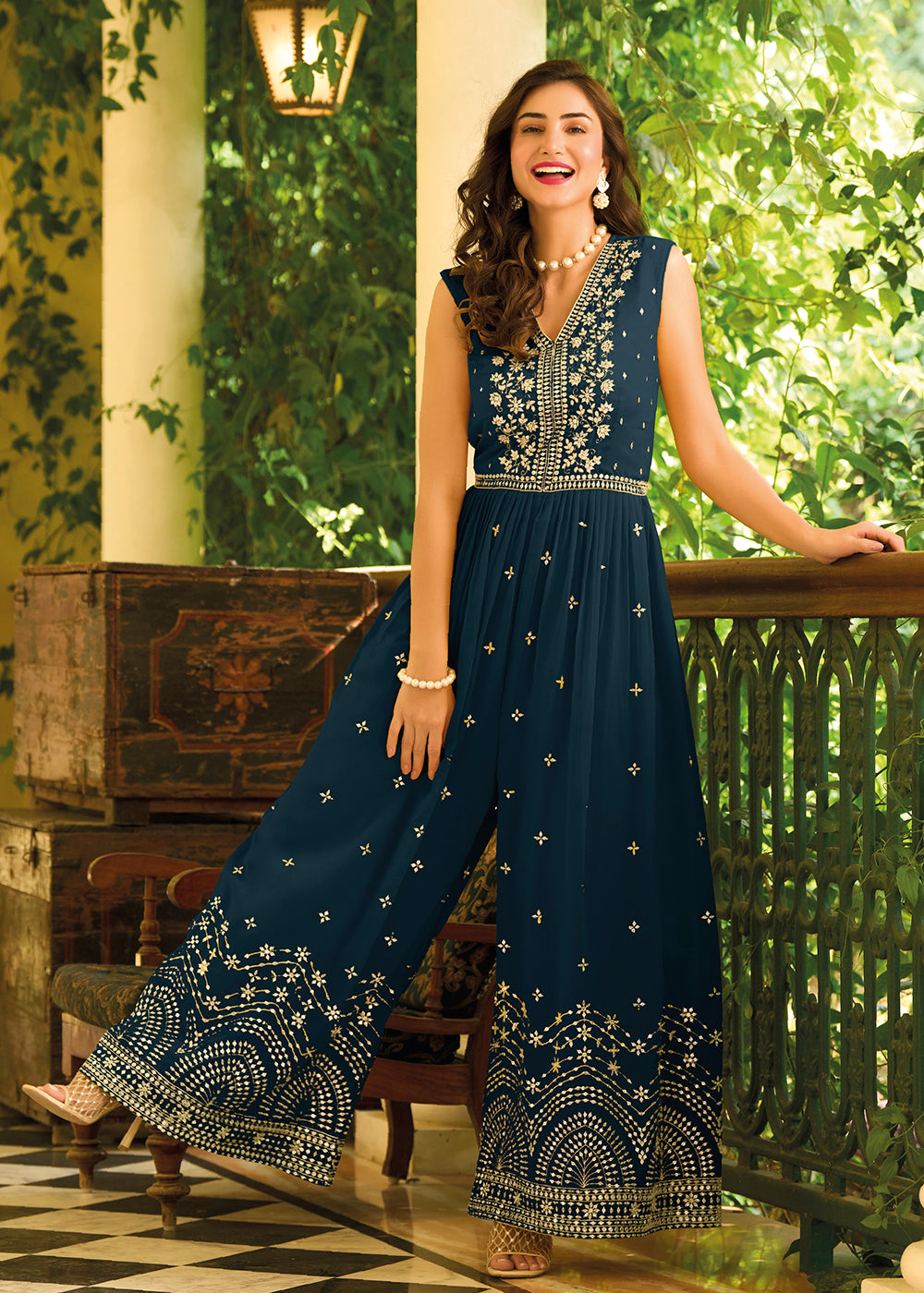 Buy Now Prussian Blue Indo-Western Embroidered Georgette Jumpsuit Online in USA, UK, Canada, Germany & Worldwide at Empress Clothing.