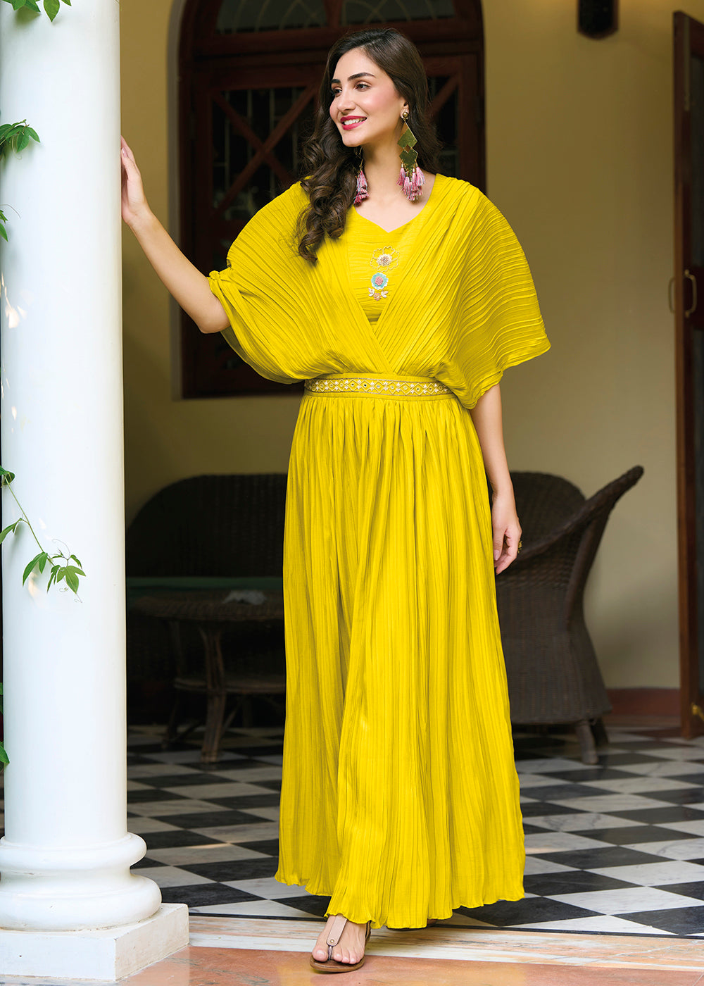 Buy Now Bright Yellow Chinon Party Wear Crushed Gown Online in USA, UK, Australia, New Zealand, Canada & Worldwide at Empress Clothing. 