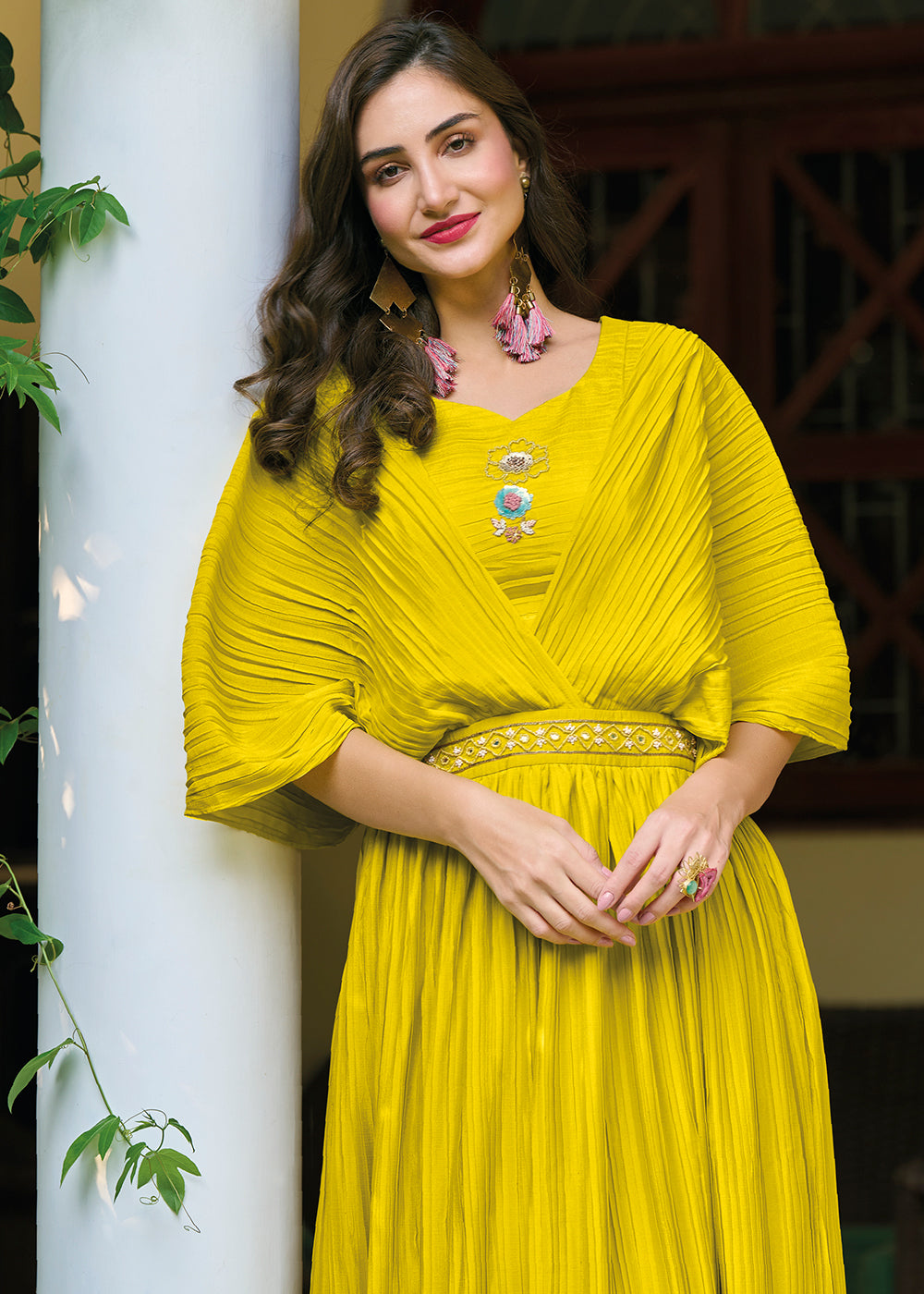 Buy Now Bright Yellow Chinon Party Wear Crushed Gown Online in USA, UK, Australia, New Zealand, Canada & Worldwide at Empress Clothing. 