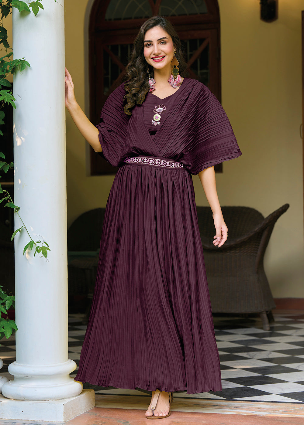 Buy Now Wine Purple Chinon Party Wear Crushed Gown Online in USA, UK, Australia, New Zealand, Canada & Worldwide at Empress Clothing.