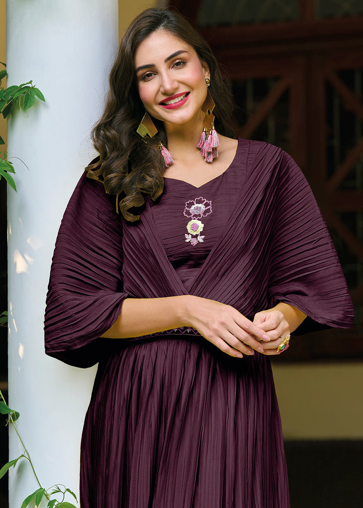 Buy Now Wine Purple Chinon Party Wear Crushed Gown Online in USA, UK, Australia, New Zealand, Canada & Worldwide at Empress Clothing.