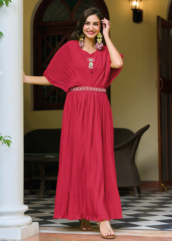 Buy Now Cherry Red Chinon Party Wear Crushed Gown Online in USA, UK, Australia, New Zealand, Canada & Worldwide at Empress Clothing.