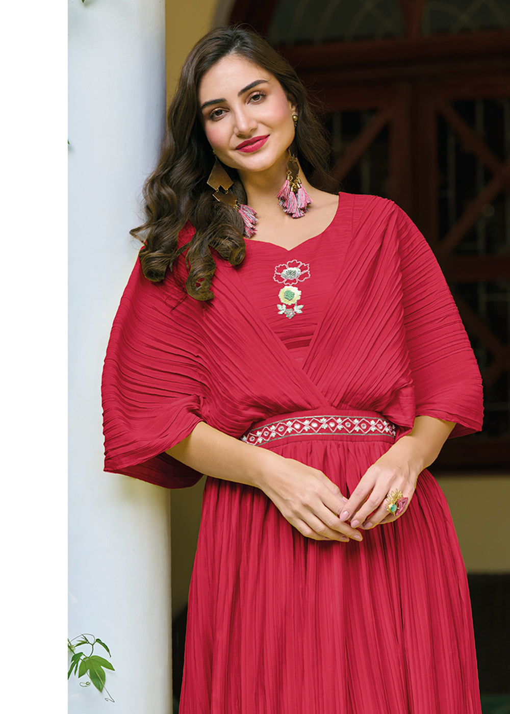 Buy Now Cherry Red Chinon Party Wear Crushed Gown Online in USA, UK, Australia, New Zealand, Canada & Worldwide at Empress Clothing.