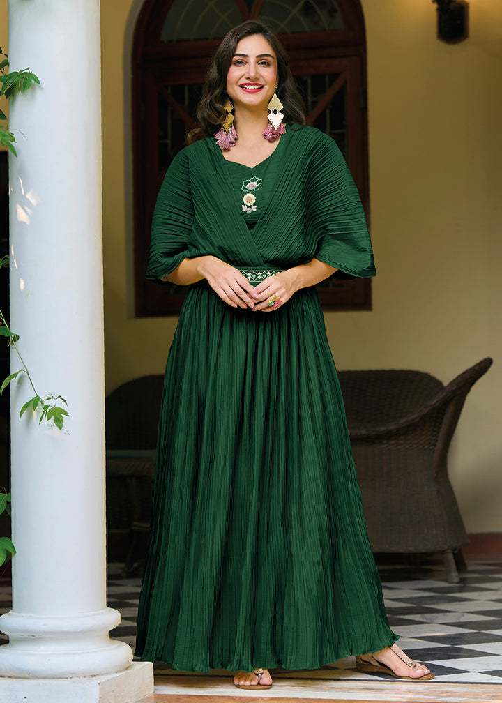 Buy Now Bottle Green Chinon Party Wear Crushed Gown Online in USA, UK, Australia, New Zealand, Canada & Worldwide at Empress Clothing.