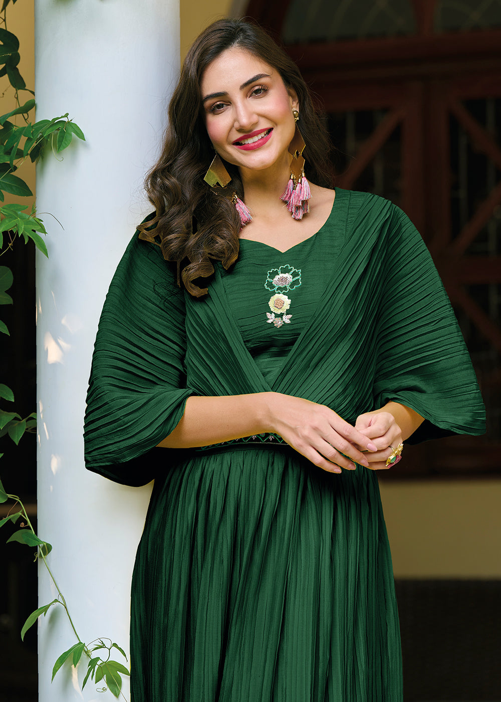 Buy Now Bottle Green Chinon Party Wear Crushed Gown Online in USA, UK, Australia, New Zealand, Canada & Worldwide at Empress Clothing.