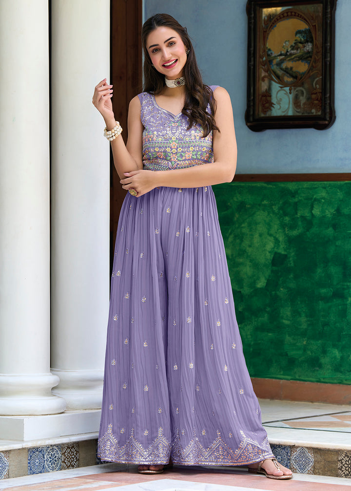 Buy Now Pretty Lilac Indo-Western Embroidered Georgette Jumpsuit Online in USA, UK, Canada, Germany & Worldwide at Empress Clothing.