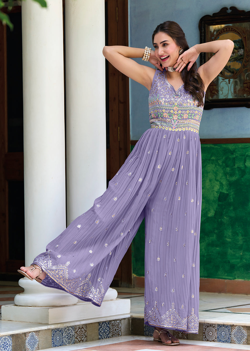 Buy Now Pretty Lilac Indo-Western Embroidered Georgette Jumpsuit Online in USA, UK, Canada, Germany & Worldwide at Empress Clothing.
