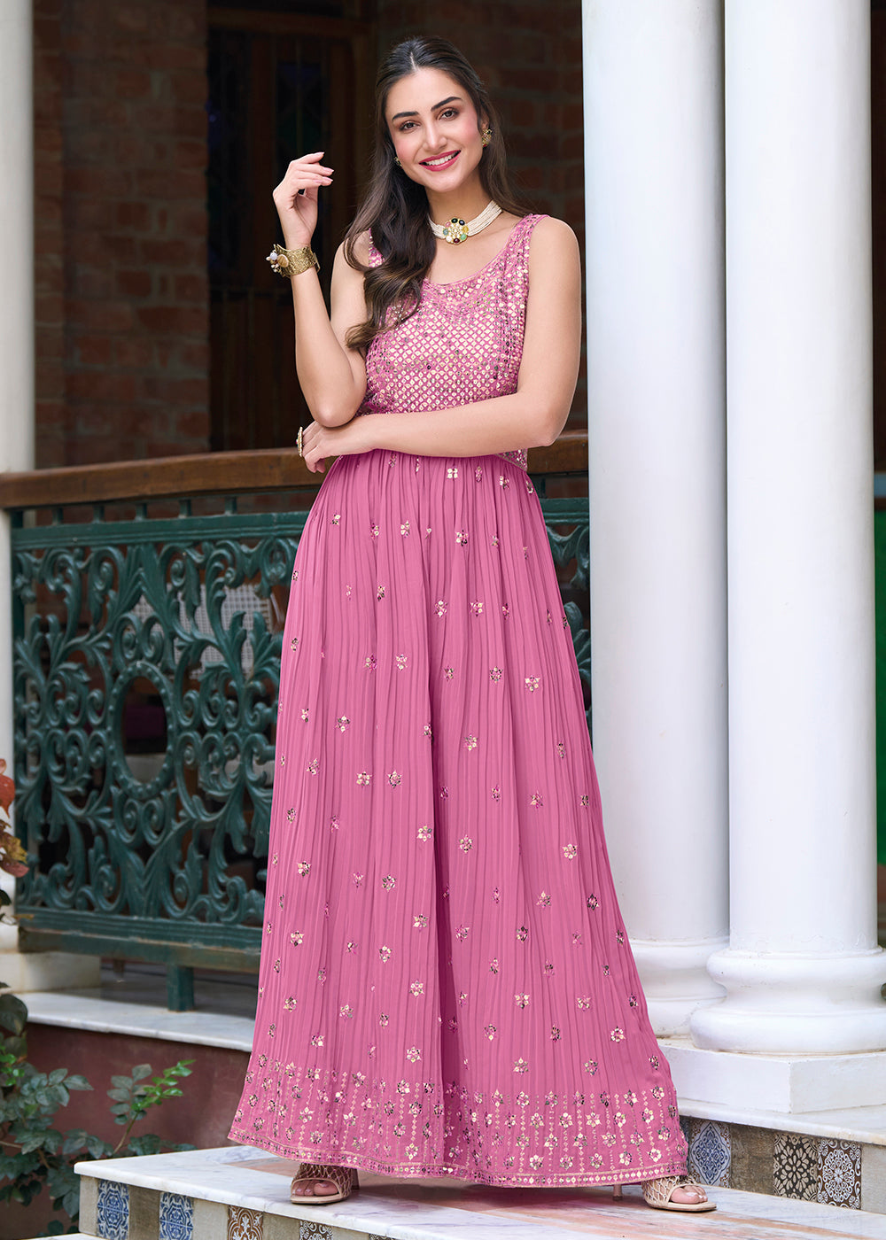Buy Now Mauve Pink Indo-Western Embroidered Georgette Jumpsuit Online in USA, UK, Canada, Germany & Worldwide at Empress Clothing.