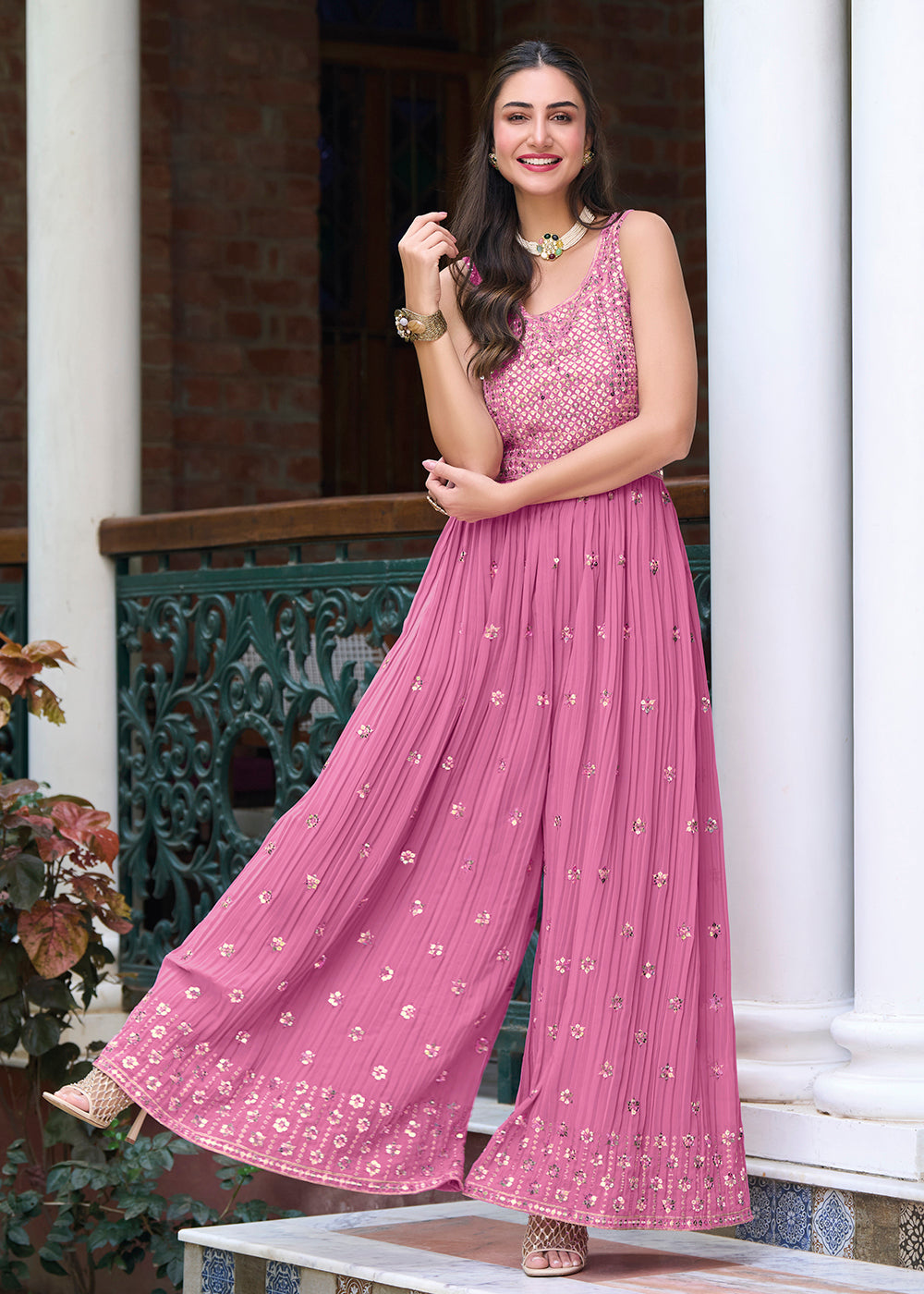 Buy Now Mauve Pink Indo-Western Embroidered Georgette Jumpsuit Online in USA, UK, Canada, Germany & Worldwide at Empress Clothing.