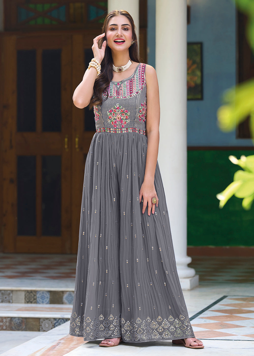 Buy Now Pretty Grey Indo-Western Embroidered Georgette Jumpsuit Online in USA, UK, Canada, Germany & Worldwide at Empress Clothing. 
