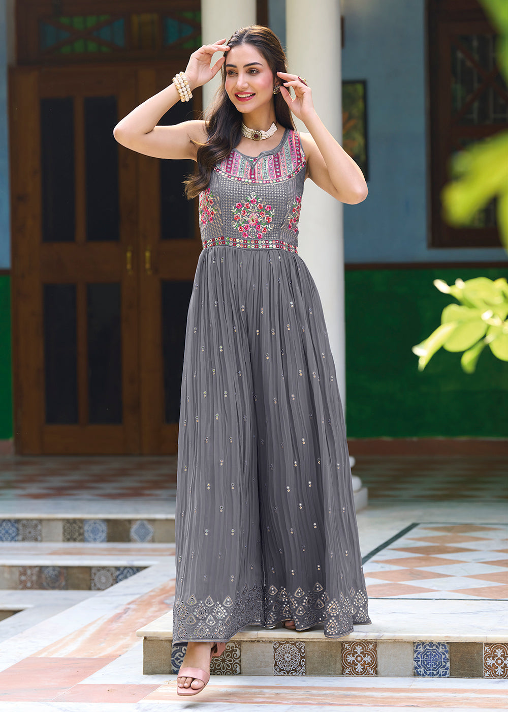 Buy Now Pretty Grey Indo-Western Embroidered Georgette Jumpsuit Online in USA, UK, Canada, Germany & Worldwide at Empress Clothing. 