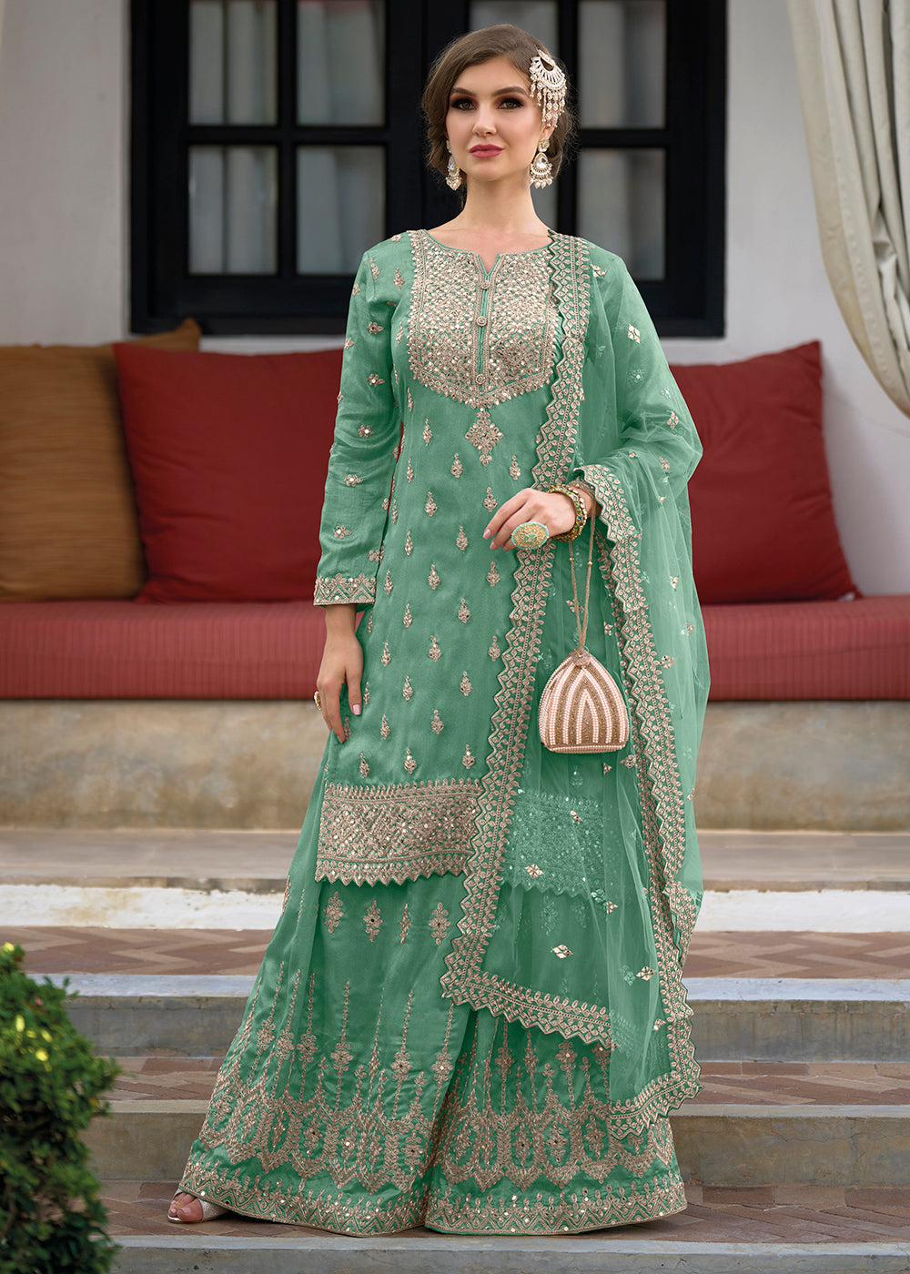 Shop Now Festive Attractive Sea Green Heavy Silk Sharara Suit Online at Empress Clothing in USA, UK, Canada, Italy & Worldwide.