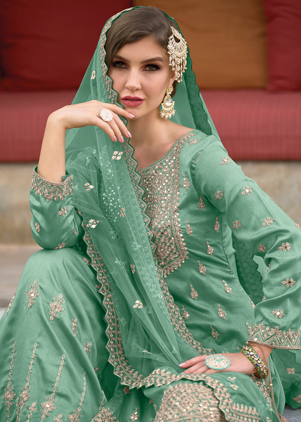 Shop Now Festive Attractive Sea Green Heavy Silk Sharara Suit Online at Empress Clothing in USA, UK, Canada, Italy & Worldwide.