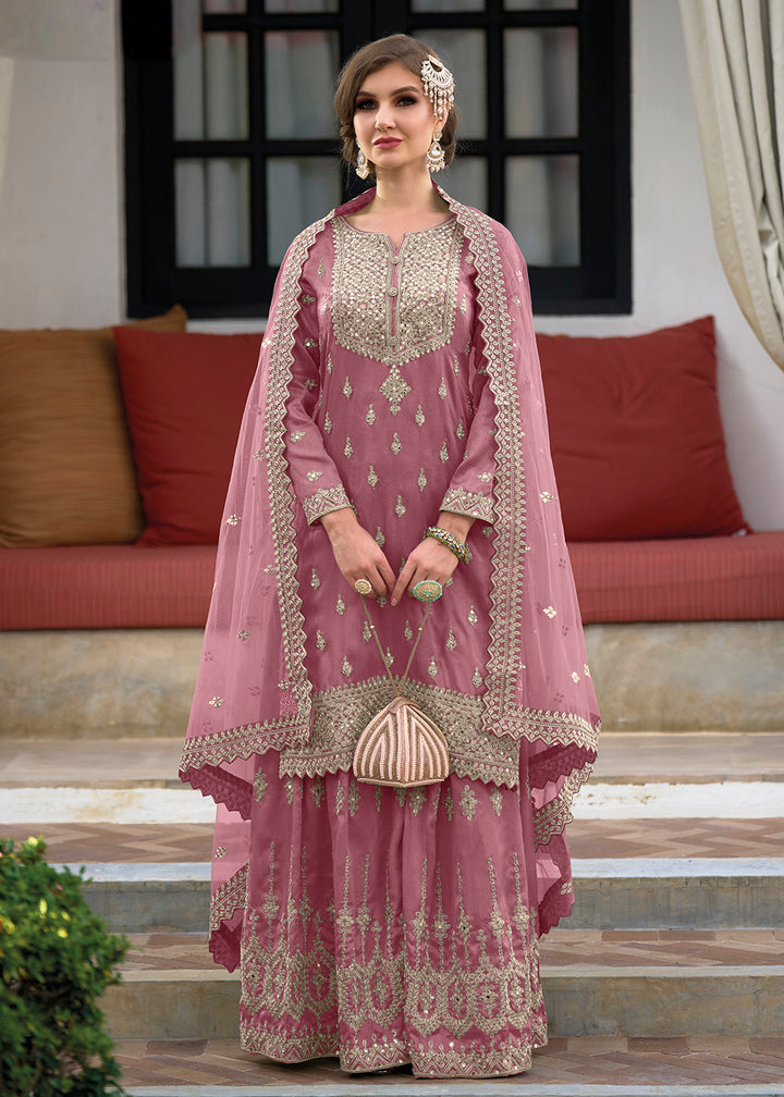 Shop Now Festive Amazing Soft Pink Heavy Silk Sharara Suit Online at Empress Clothing in USA, UK, Canada, Italy & Worldwide.