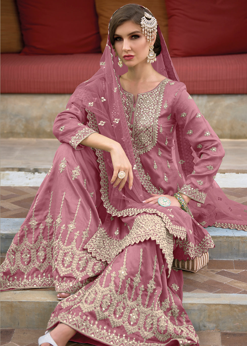 Shop Now Festive Amazing Soft Pink Heavy Silk Sharara Suit Online at Empress Clothing in USA, UK, Canada, Italy & Worldwide.