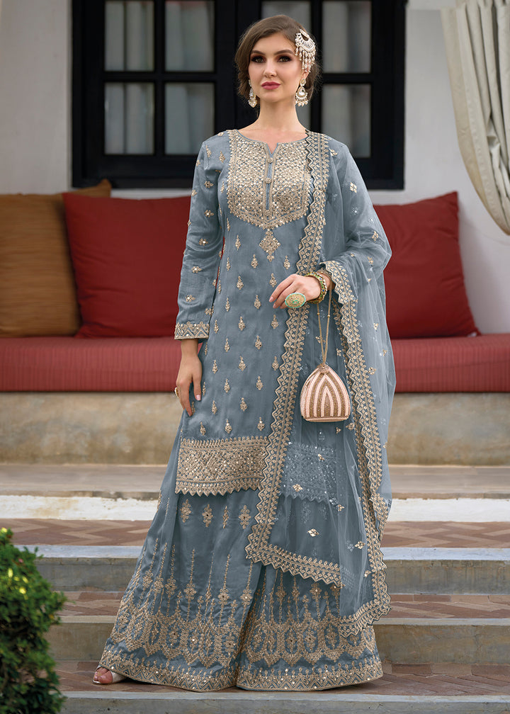 Shop Now Festive Glam Bluish Grey Heavy Silk Sharara Suit Online at Empress Clothing in USA, UK, Canada, Italy & Worldwide. 
