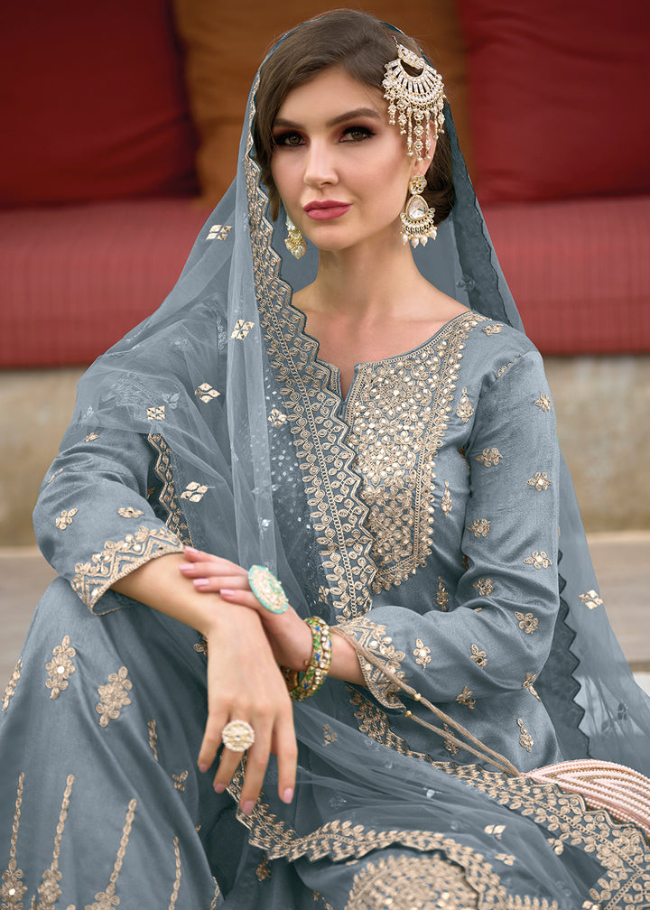 Shop Now Festive Glam Bluish Grey Heavy Silk Sharara Suit Online at Empress Clothing in USA, UK, Canada, Italy & Worldwide. 