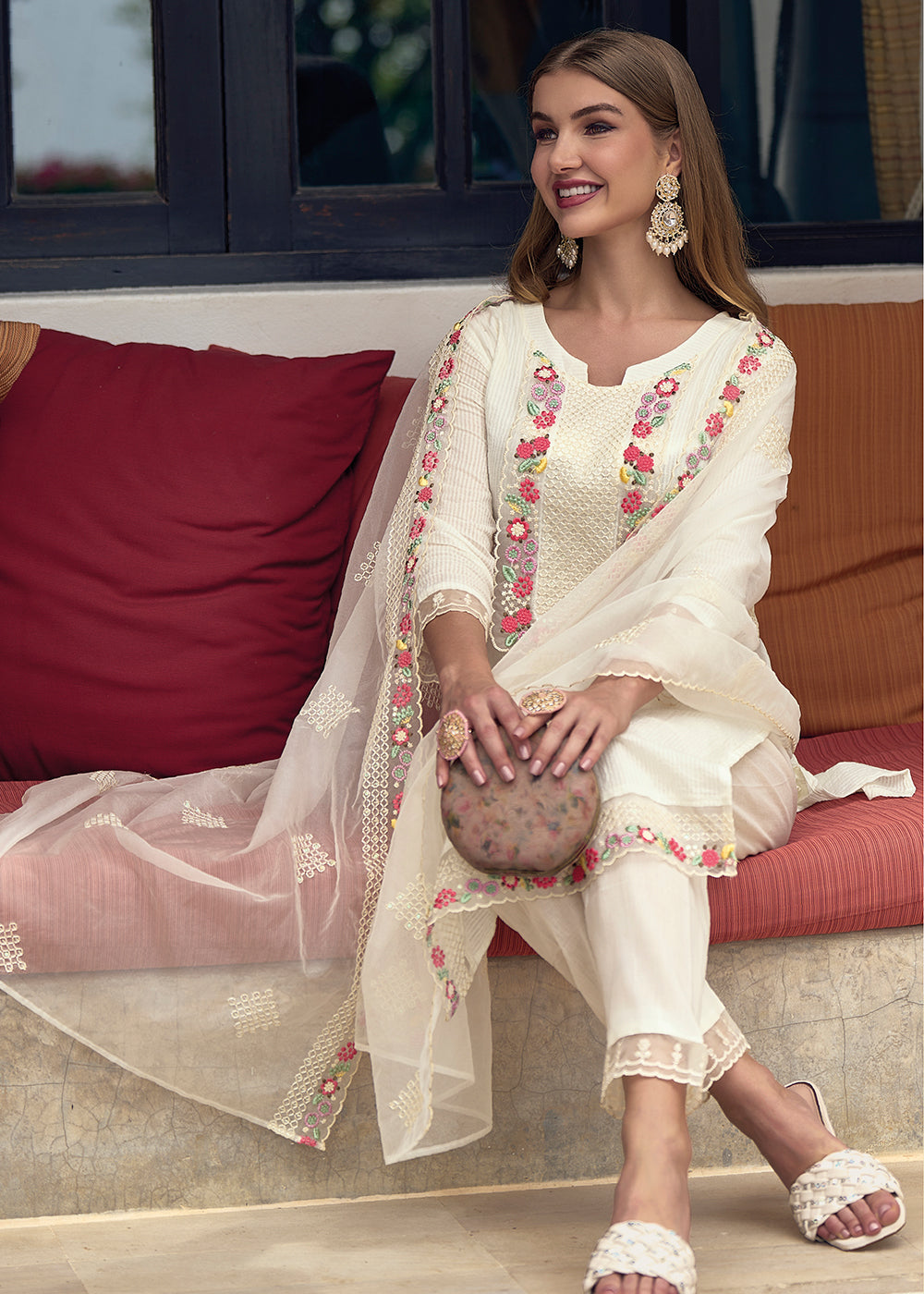 Cotton Lovely Off White Embroidered Pant Style Salwar Suit Cotton Lovely Off White Embroidered Pant Style Salwar Suit