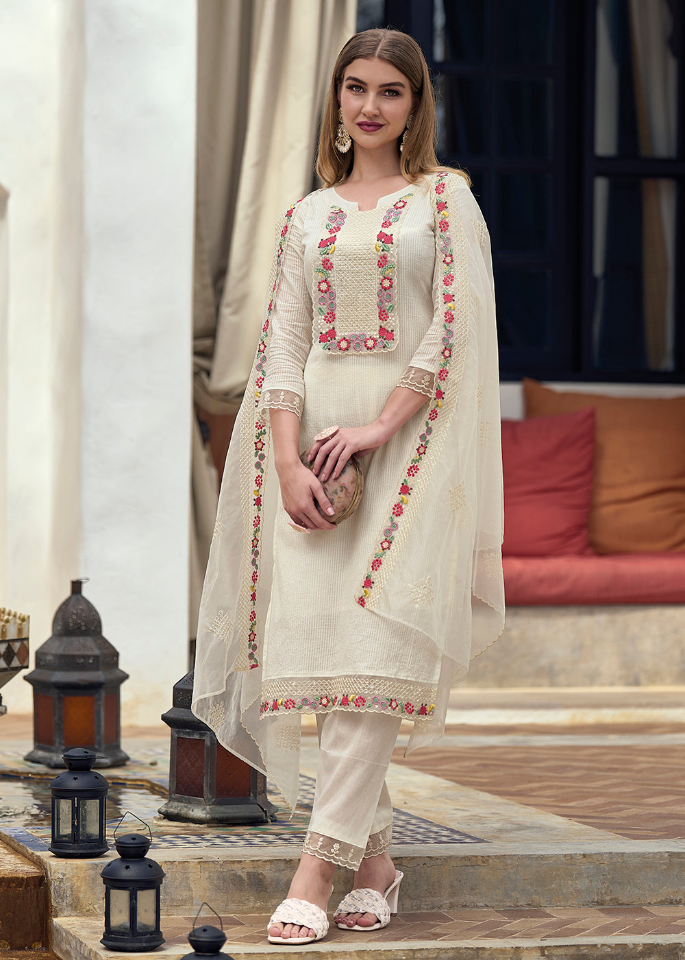 Buy Now Cotton Lovely Off White Embroidered Pant Style Salwar Suit Set Online in USA, UK, Canada, Germany, Australia & Worldwide at Empress Clothing.