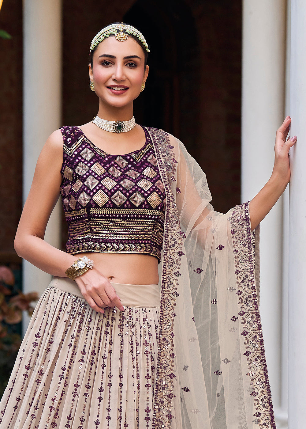 Buy Now Gorgeous Off White & Purple Heavy Embroidery Wedding Party Lehenga Choli Online in USA, UK, Canada & Worldwide at Empress Clothing.