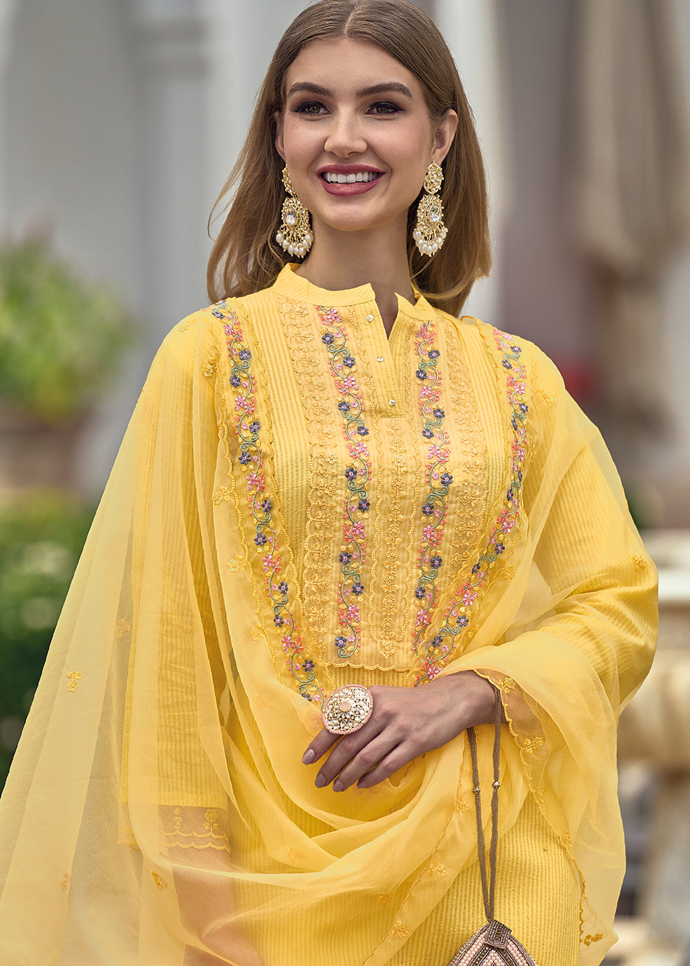 Buy Now Cotton Lovely Yellow Embroidered Pant Style Salwar Suit Set Online in USA, UK, Canada, Germany, Australia & Worldwide at Empress Clothing. 