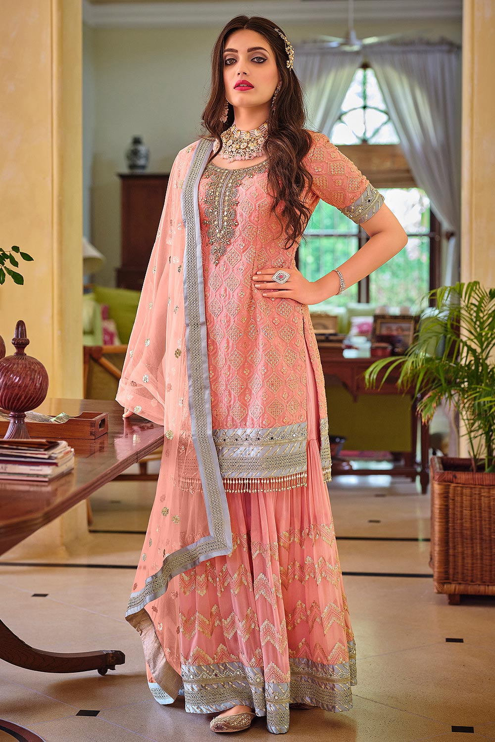 Buy Palazzo Style Peach Suit - Embellished Georgette Suit