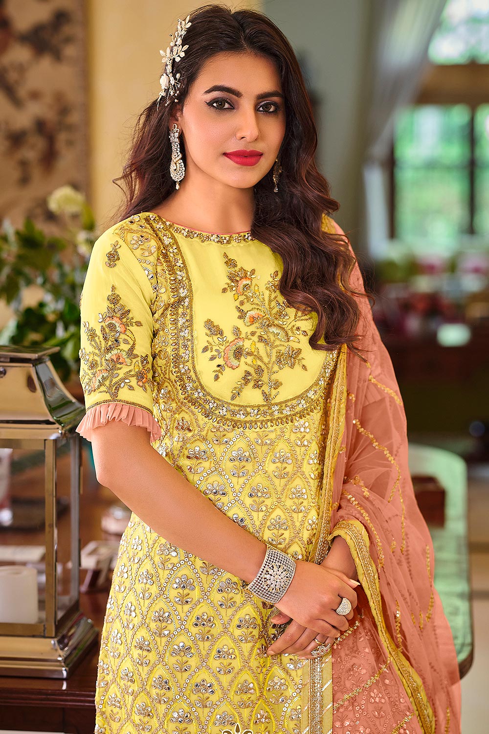 Buy Palazzo Style Lemon Yellow Suit - Embellished Georgette Suit