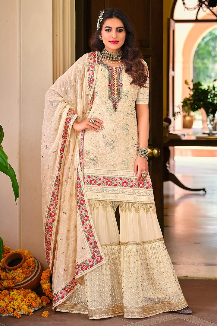 Buy Palazzo Style Cream Suit - Embellished Georgette Suit