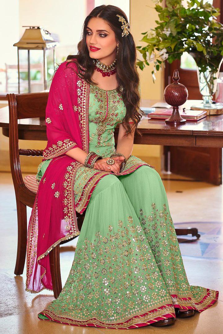 Buy Palazzo Style Aqua Green Suit - Embellished Georgette Suit
