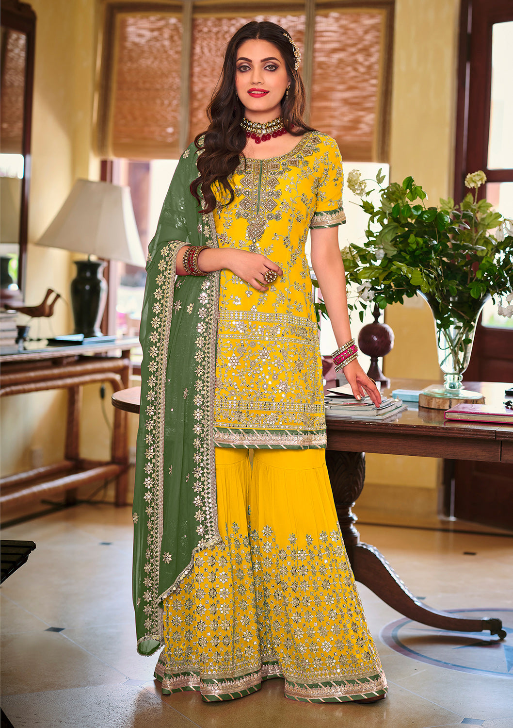 Buy Palazzo Style Bright Yellow Suit - Embellished Georgette Suit