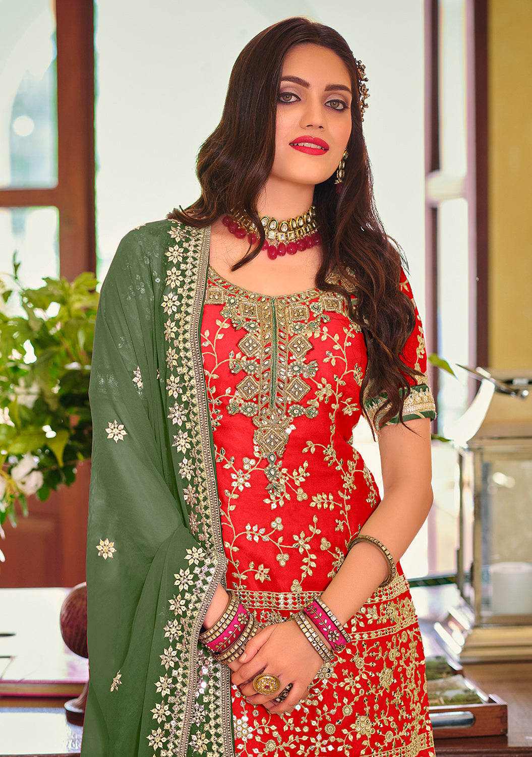 Buy Palazzo Style Crimson Red Suit - Embellished Georgette Suit