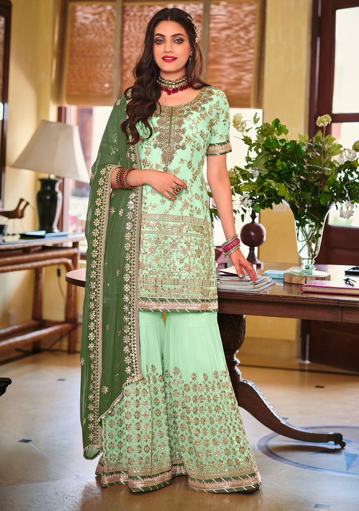 Palazzo Style Mint Green Embellished Georgette Suit