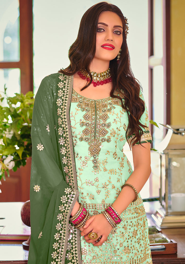Palazzo Style Mint Green Embellished Georgette Suit
