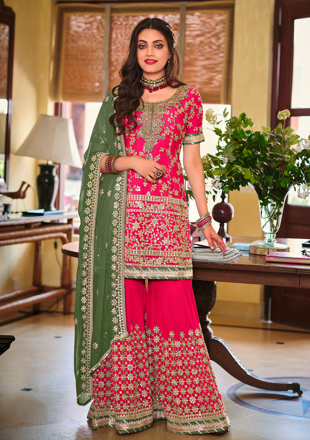 Buy Palazzo Style Hot Pink Suit - Embellished Georgette Suit