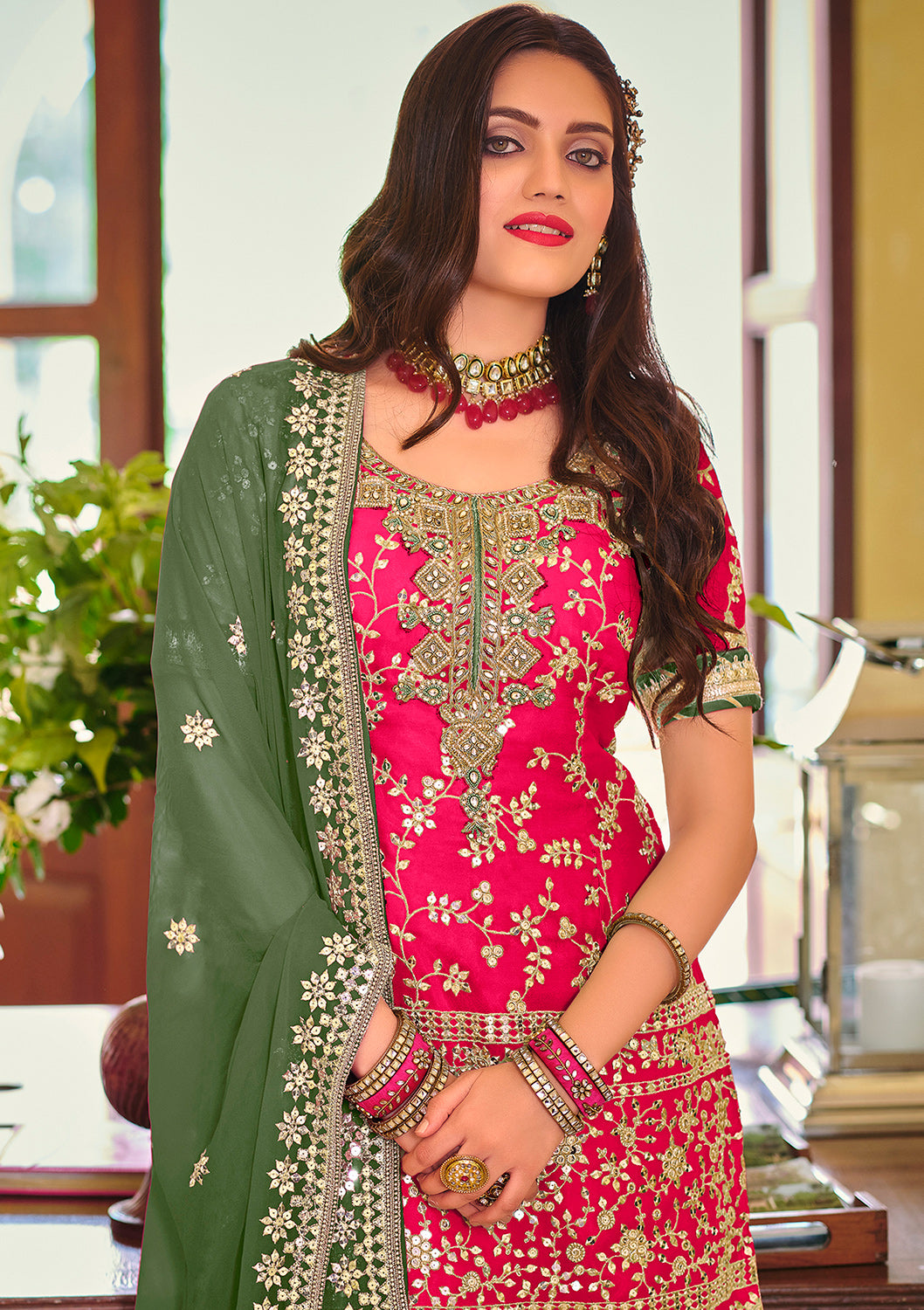Buy Palazzo Style Hot Pink Suit - Embellished Georgette Suit