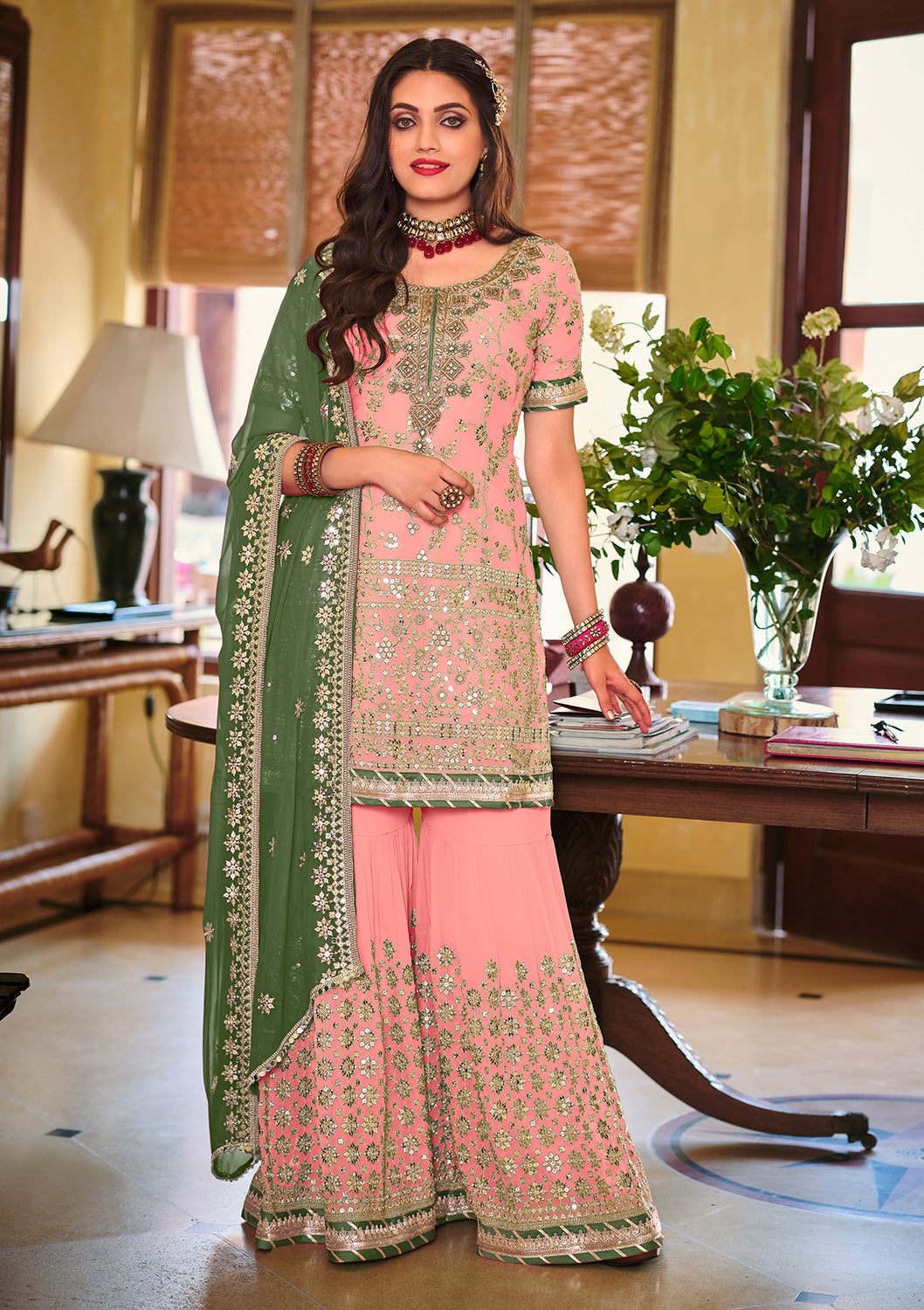 Buy Palazzo Style Blush Pink Suit - Embellished Georgette Suit