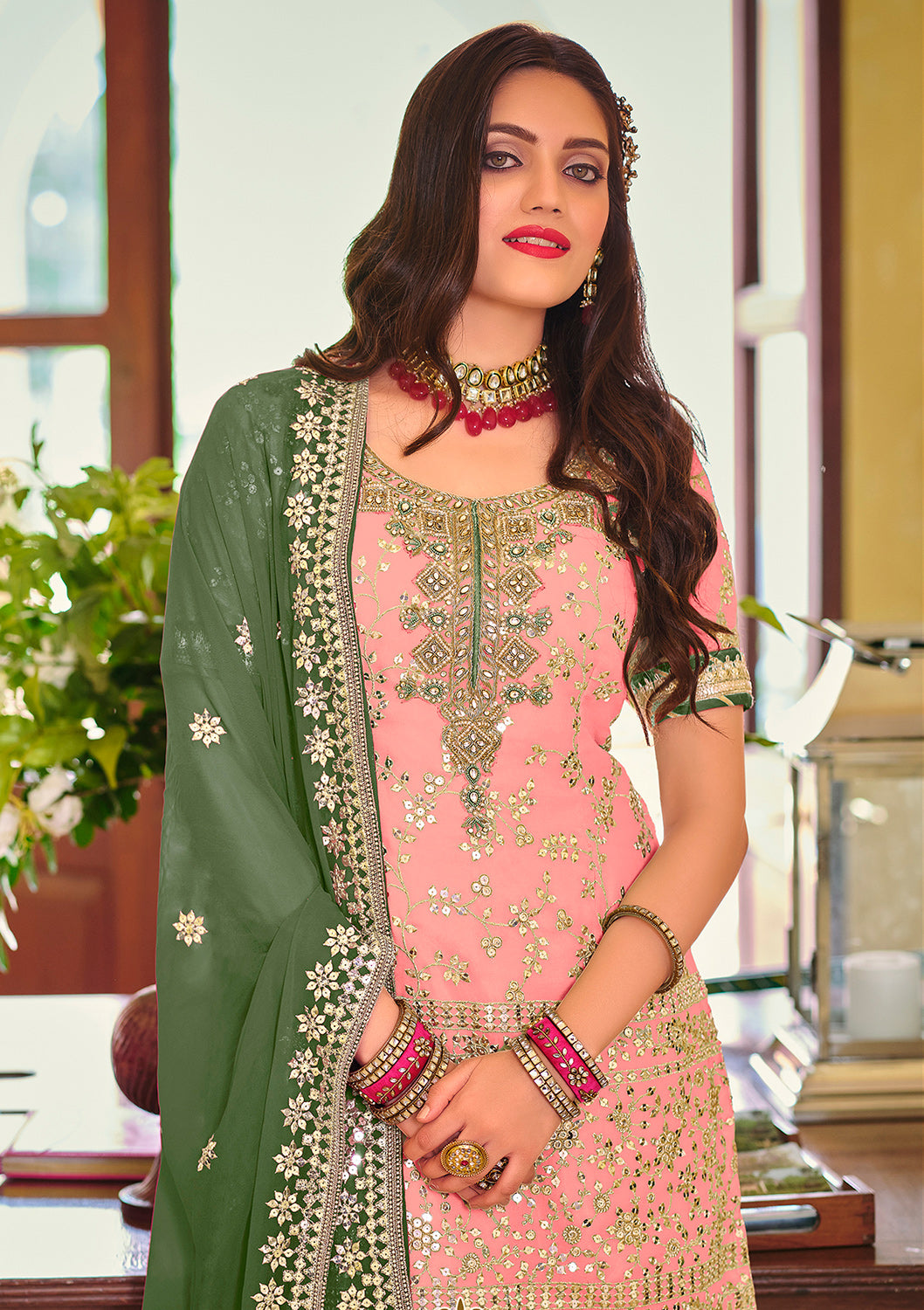 Buy Palazzo Style Blush Pink Suit - Embellished Georgette Suit
