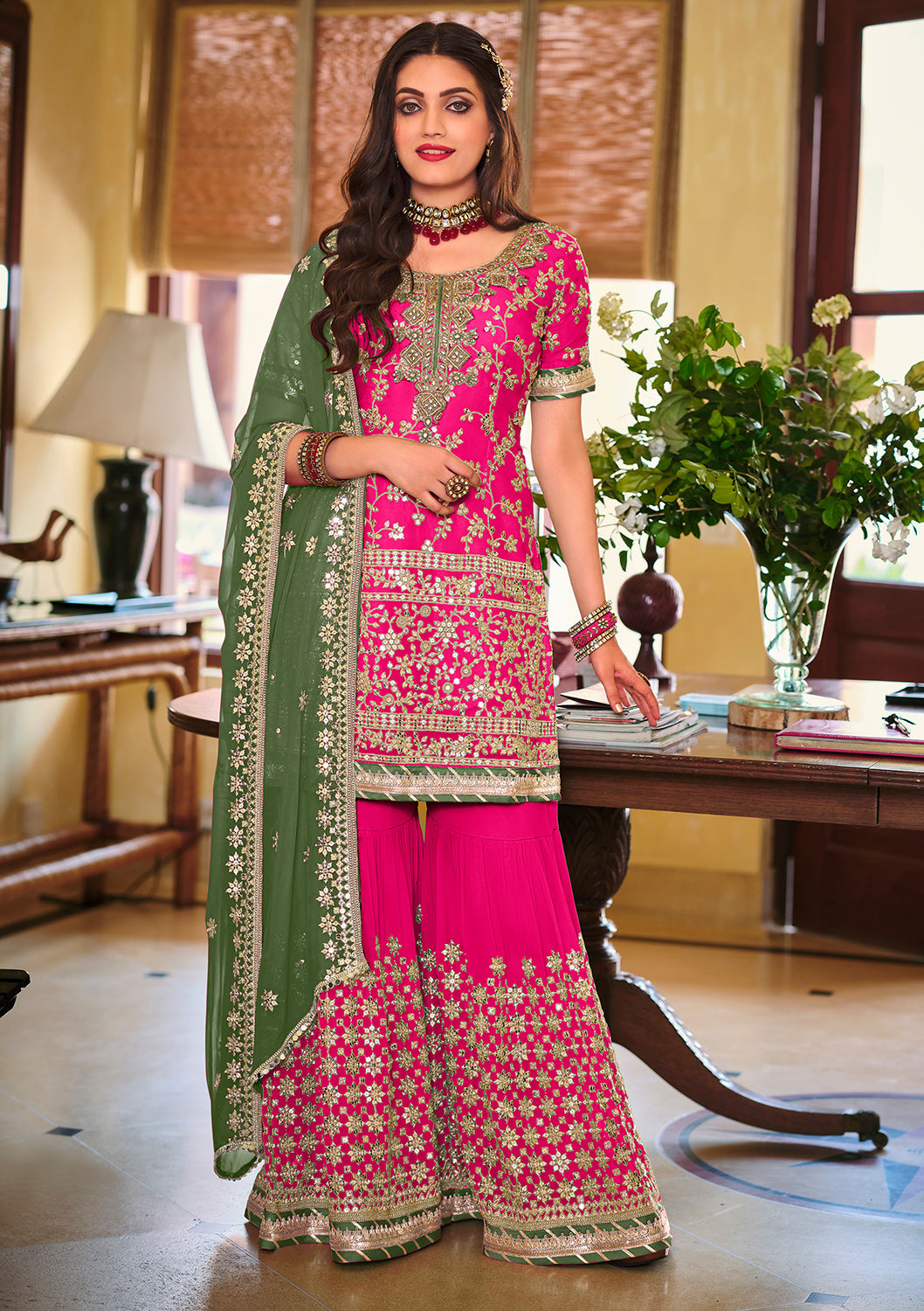 Buy Palazzo Style Rani Pink Suit - Embellished Georgette Suit