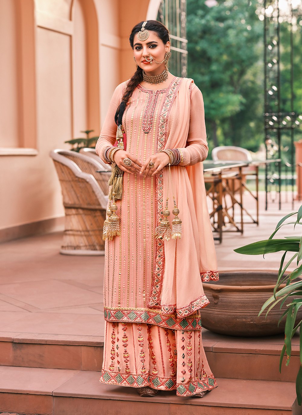 Buy Pakistani Style Peach Pink Suit - Embroidered Suit with Palazzo