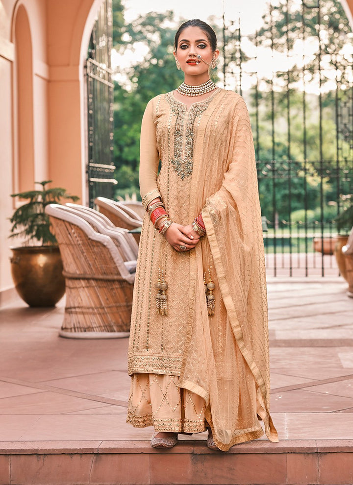 Buy Pakistani Style Beige Pink Suit - Embroidered Suit with Palazzo