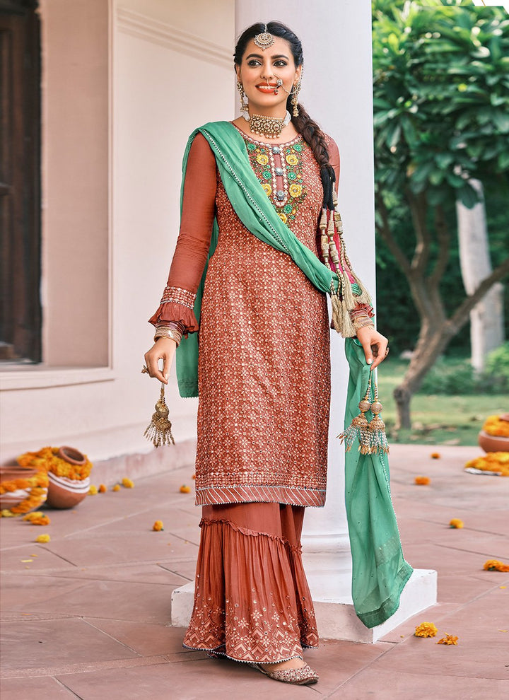 Buy Pakistani Style Brown Suit - Embroidered Suit with Palazzo
