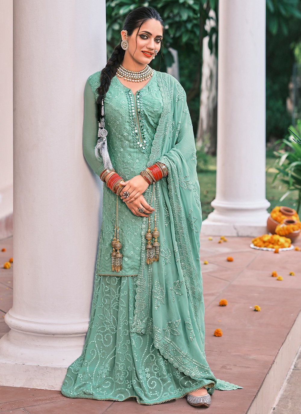 Buy Pakistani Style Sky Blue Suit - Embroidered Suit with Palazzo