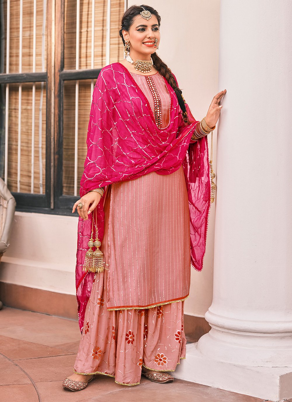 Buy Pakistani Style Soft Pink Suit - Embroidered Suit with Palazzo