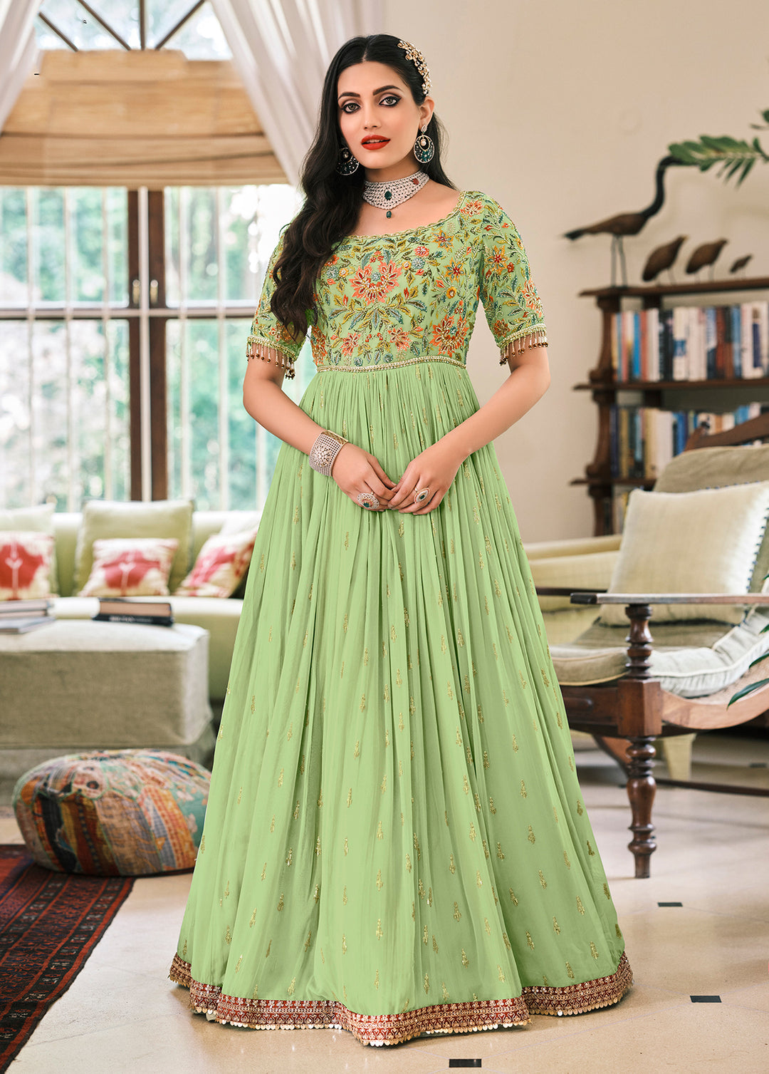 Buy Green Designer Motifs Embellished Anarkali - Anarkali Suit