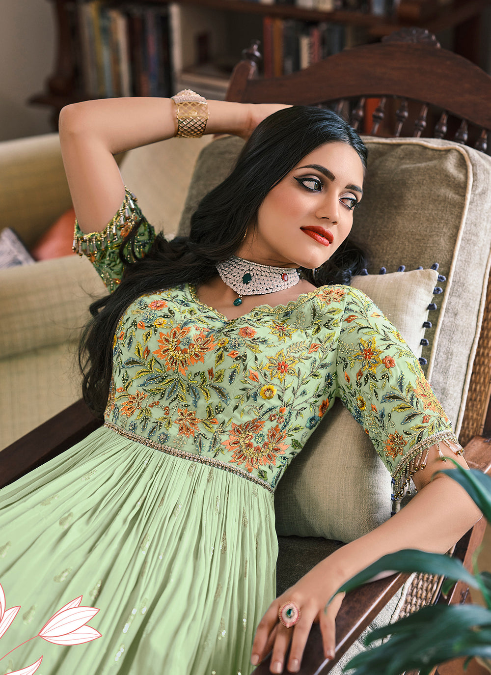 Buy Pastel Green Designer Motifs Embellished Anarkali - Anarkali Suit