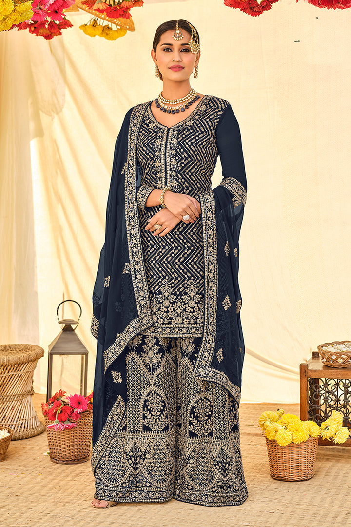 Buy Navy Blue All Over Embroidered Suit - Palazzo Style Salwar Suit