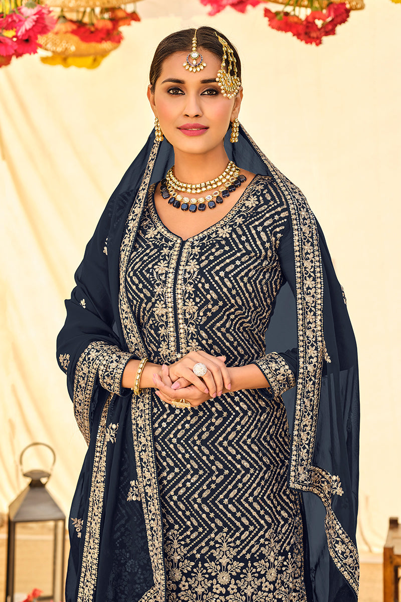 Buy Navy Blue All Over Embroidered Suit - Palazzo Style Salwar Suit